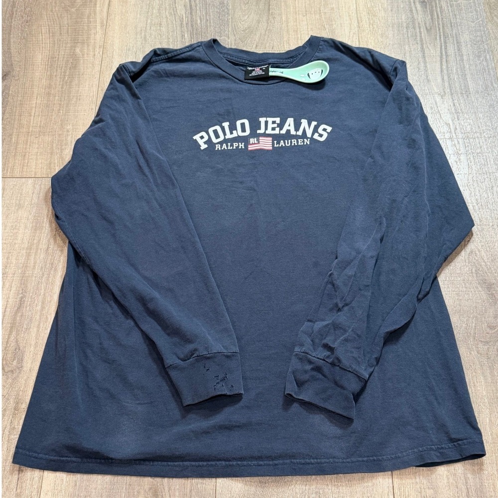 Vintage Polo Jeans Co Ralph Lauren Mens XL Long Sleeve T-Shirt Navy Blue Graphic